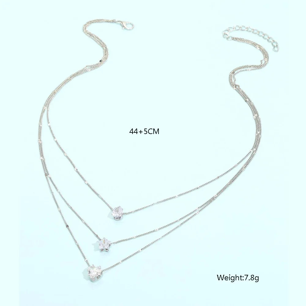 Crystal Zircon Heart Star Charm Layered Pendant Necklace Set